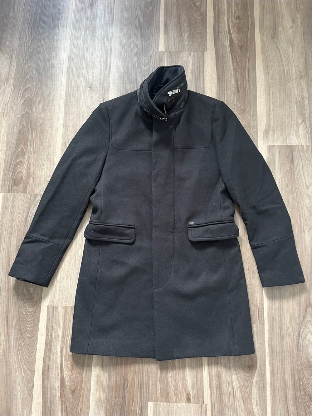 Zara Man Black Wool Blend Stand-Collar Coat with built in hood